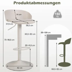 Barhocker 2er Set 360° Drehbarer Barstuhl Höhenverstellbar 150 kg Belastbar 42 x 42 x 75-96,5 cm Beige