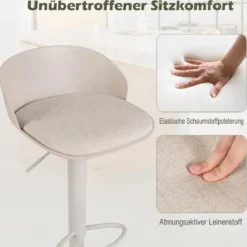 Barhocker 2er Set 360° Drehbarer Barstuhl Höhenverstellbar 150 kg Belastbar 42 x 42 x 75-96,5 cm Beige