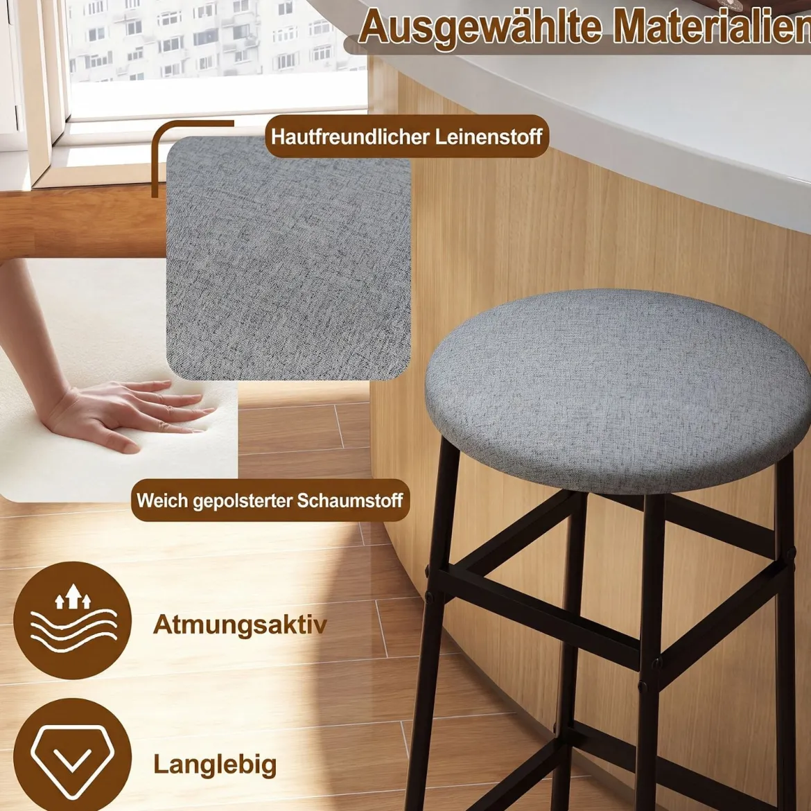 Barhocker 2er Set Runder Barstuhl aus Leinen mit Fußstütze Küchenstuhl mit Metallrahmen Grau
