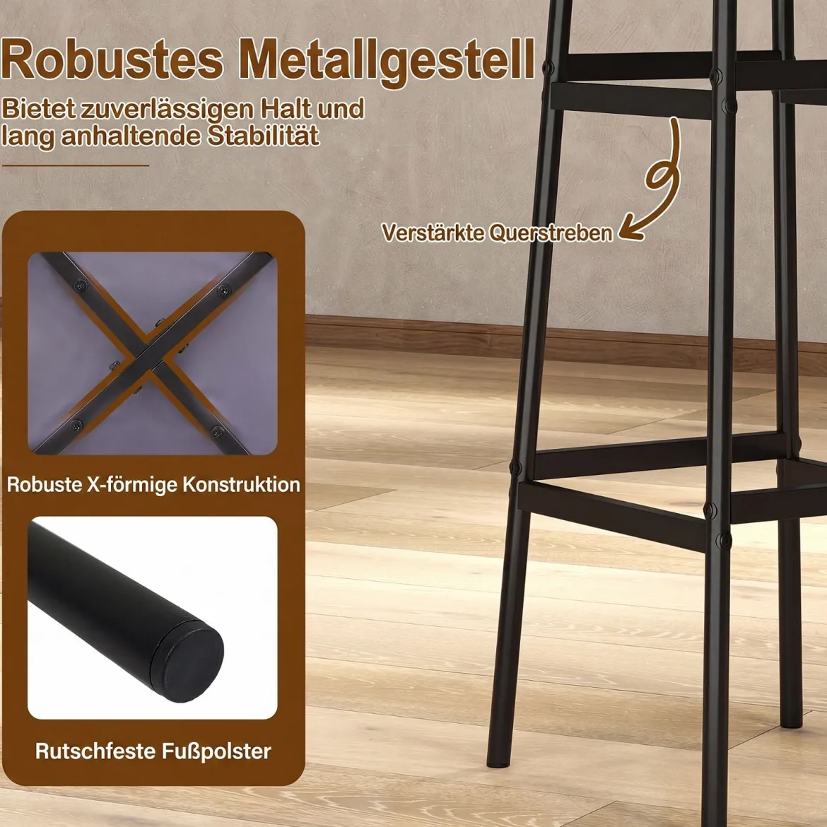 Barhocker 2er Set Runder Barstuhl aus Leinen mit Fußstütze Küchenstuhl mit Metallrahmen Grau