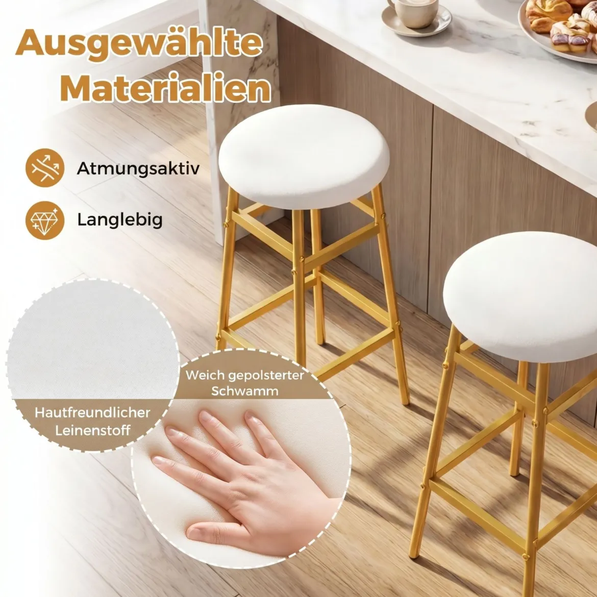 Barhocker 2er Set Runder Barstuhl aus Leinen mit Fußstütze Küchenstuhl mit Metallrahmen Weiß