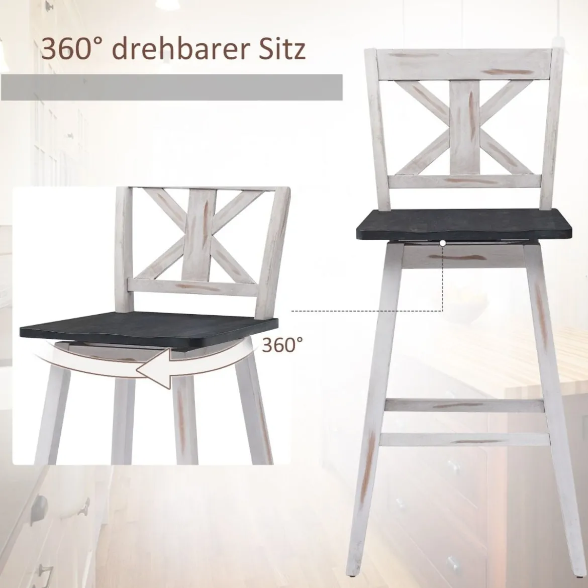 Barhocker 2er Set Vintage Barstühle mit um 360° drehbarem Sitz & rutschfesten Untersetzern 73,5 cm Weiß