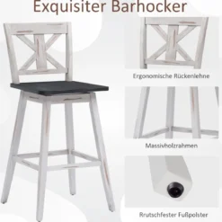 Barhocker 2er Set Vintage Barstühle mit um 360° drehbarem Sitz & rutschfesten Untersetzern 73,5 cm Weiß