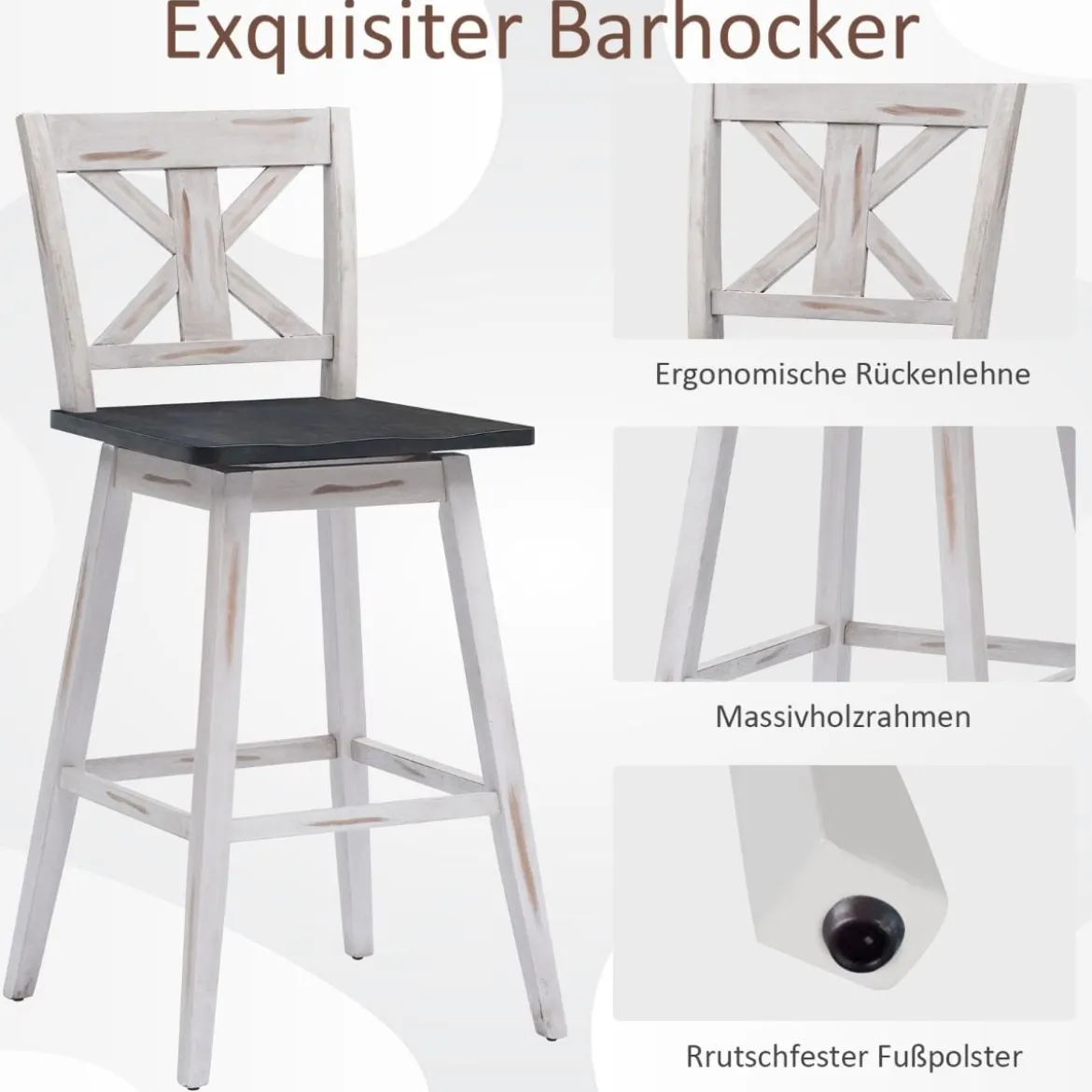 Barhocker 2er Set Vintage Barstühle mit um 360° drehbarem Sitz & rutschfesten Untersetzern 73,5 cm Weiß