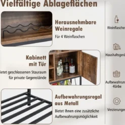 Barschrank mit Weinregalen und Ablageflächen Konsolentisch aus Holz mit Metallrahmen für Esszimmer 100 x 35 x 83 cm