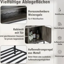 Barschrank mit Weinregalen und Ablageflächen Konsolentisch aus Holz mit Metallrahmen für Esszimmer 100 x 35 x 83 cm