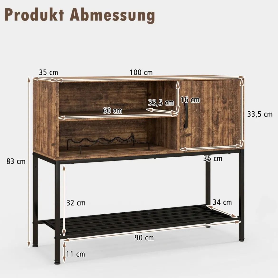Barschrank mit Weinregalen und Ablageflächen Konsolentisch aus Holz mit Metallrahmen für Esszimmer 100 x 35 x 83 cm