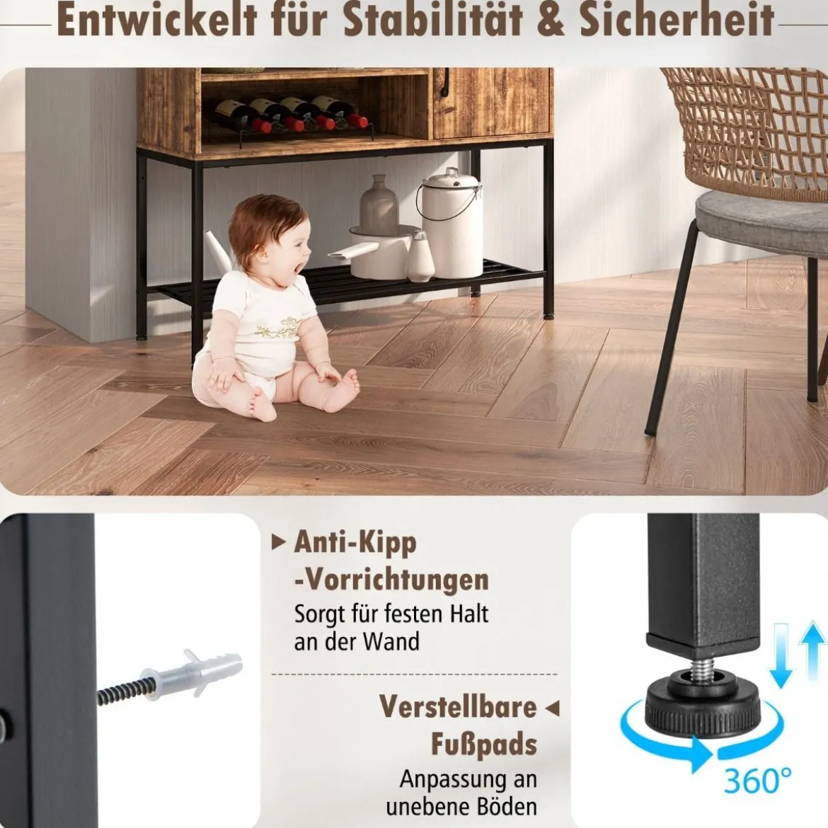 Barschrank mit Weinregalen und Ablageflächen Konsolentisch aus Holz mit Metallrahmen für Esszimmer 100 x 35 x 83 cm