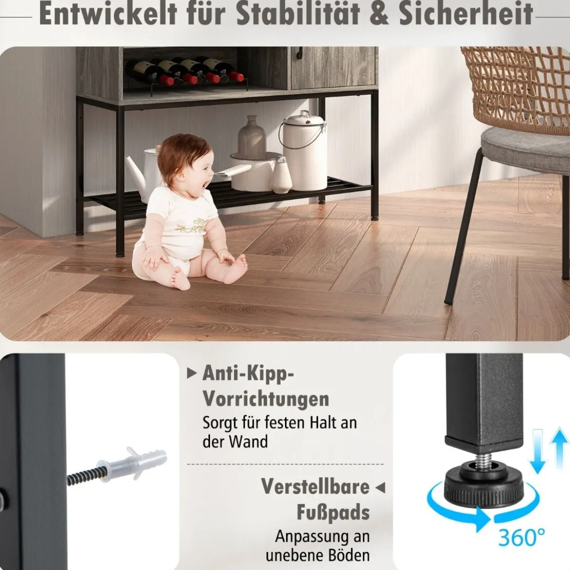 Barschrank mit Weinregalen und Ablageflächen Konsolentisch aus Holz mit Metallrahmen für Esszimmer 100 x 35 x 83 cm