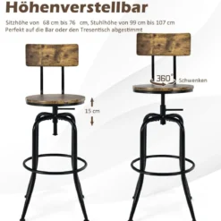 Barstuhl Industriell 2er Set Barhocker Drehbar und Höhenverstellbar Braun