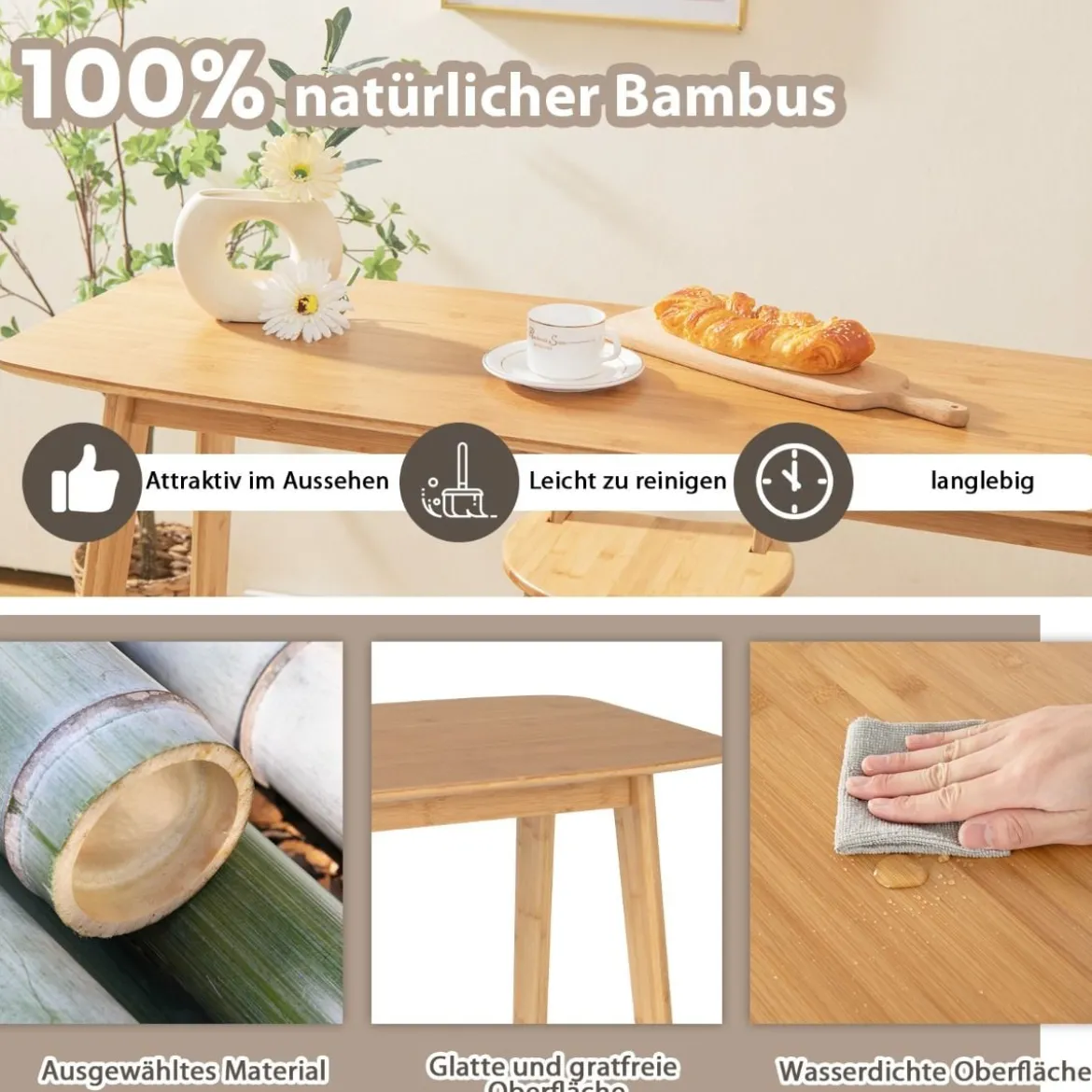 Bartisch aus Bambus mit stabiler Holzkonstruktion & leicht zu reinigender Oberfläche hoher Esstisch Natur