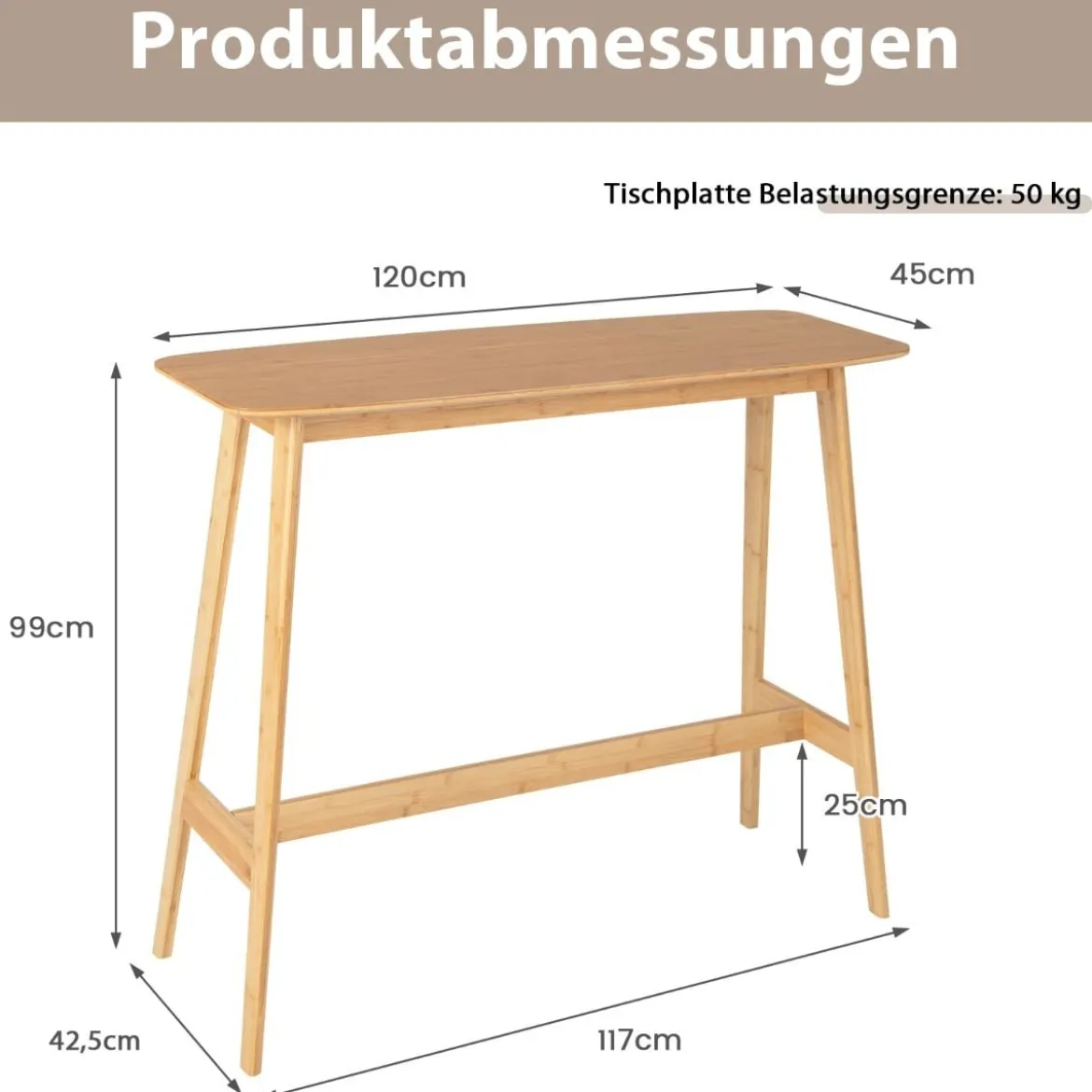 Bartisch aus Bambus mit stabiler Holzkonstruktion & leicht zu reinigender Oberfläche hoher Esstisch Natur