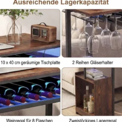 Bartisch Esstisch Mit RGB Beleuchtung Flaschenregal Glashalter Steckdosen USB C Anschluss