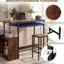 Bartisch Esstisch Mit RGB Beleuchtung Flaschenregal Glashalter Steckdosen USB C Anschluss