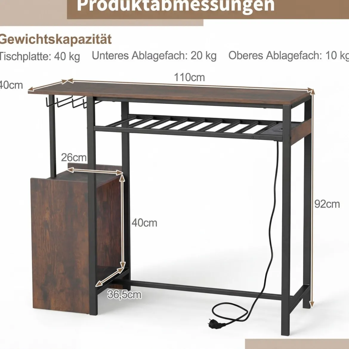 Bartisch Esstisch Mit RGB Beleuchtung Flaschenregal Glashalter Steckdosen USB C Anschluss