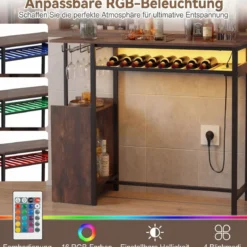 Bartisch Esstisch Mit RGB Beleuchtung Flaschenregal Glashalter Steckdosen USB C Anschluss