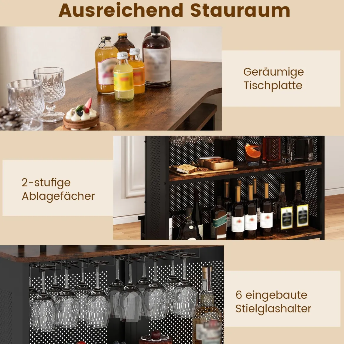 Bartisch Küche Küchentheke mit Stauraum und Fußstütze Theke Bar mit Metallrahmen 120 x 50 x 106,5 cm Braun Rechteckig