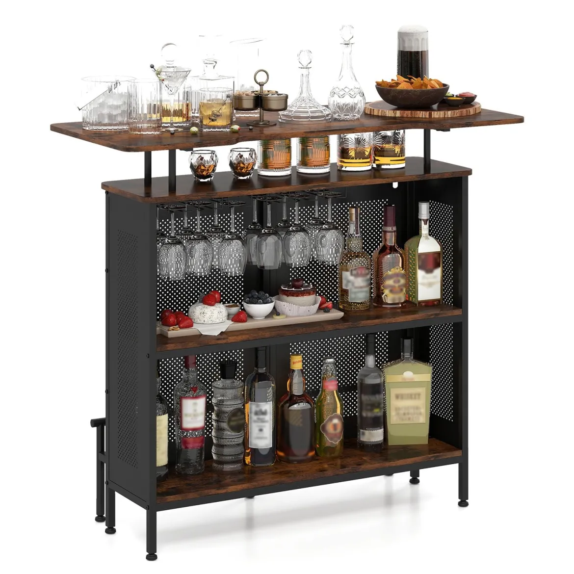 Bartisch Küche Küchentheke mit Stauraum und Fußstütze Theke Bar mit Metallrahmen 120 x 50 x 106,5 cm Braun Rechteckig
