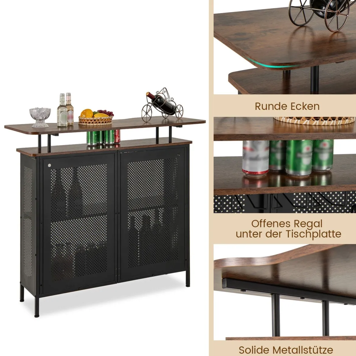 Bartisch Küche Küchentheke mit Stauraum und Fußstütze Theke Bar mit Metallrahmen 120 x 50 x 106,5 cm Braun Rechteckig