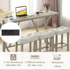 Bartisch mit Barhocker Set Bartisch Set mit 2 Steckdosen & 2 USB-Anschlüssen für 2-3 Personen