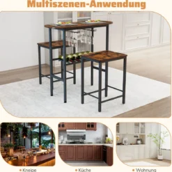 Bartisch mit Barhocker Set 2 Personen Bartisch Set mit Halterungen für Weingläser und Flaschen Vintage