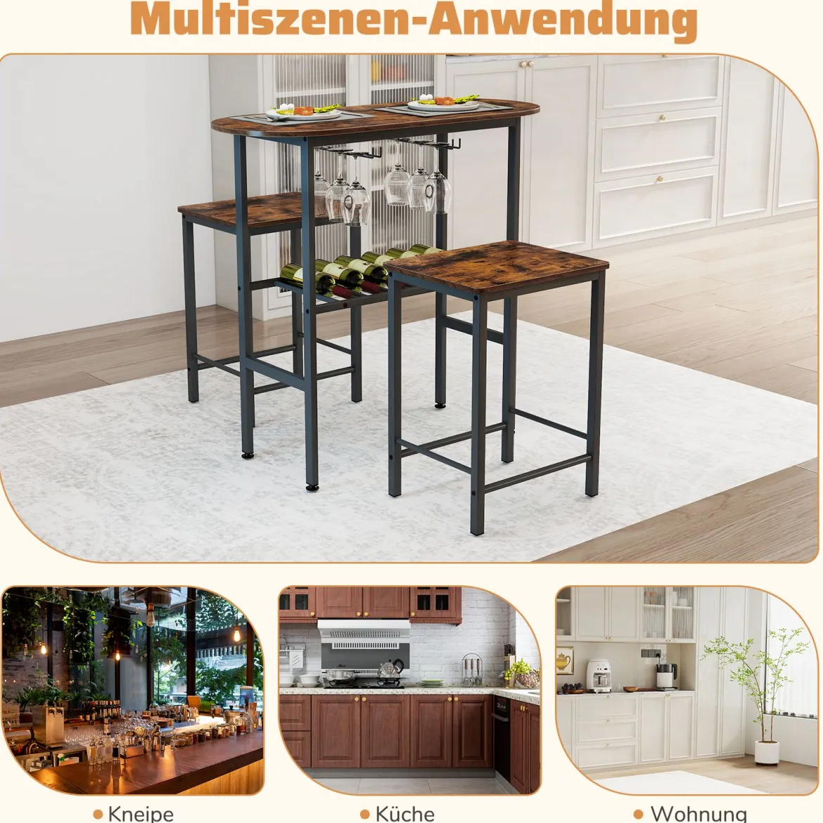 Bartisch mit Barhocker Set 2 Personen Bartisch Set mit Halterungen für Weingläser und Flaschen Vintage