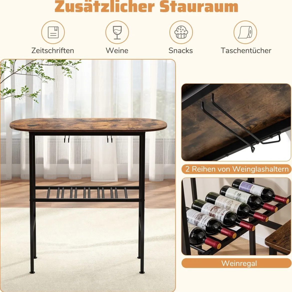 Bartisch mit Barhocker Set 2 Personen Bartisch Set mit Halterungen für Weingläser und Flaschen Vintage