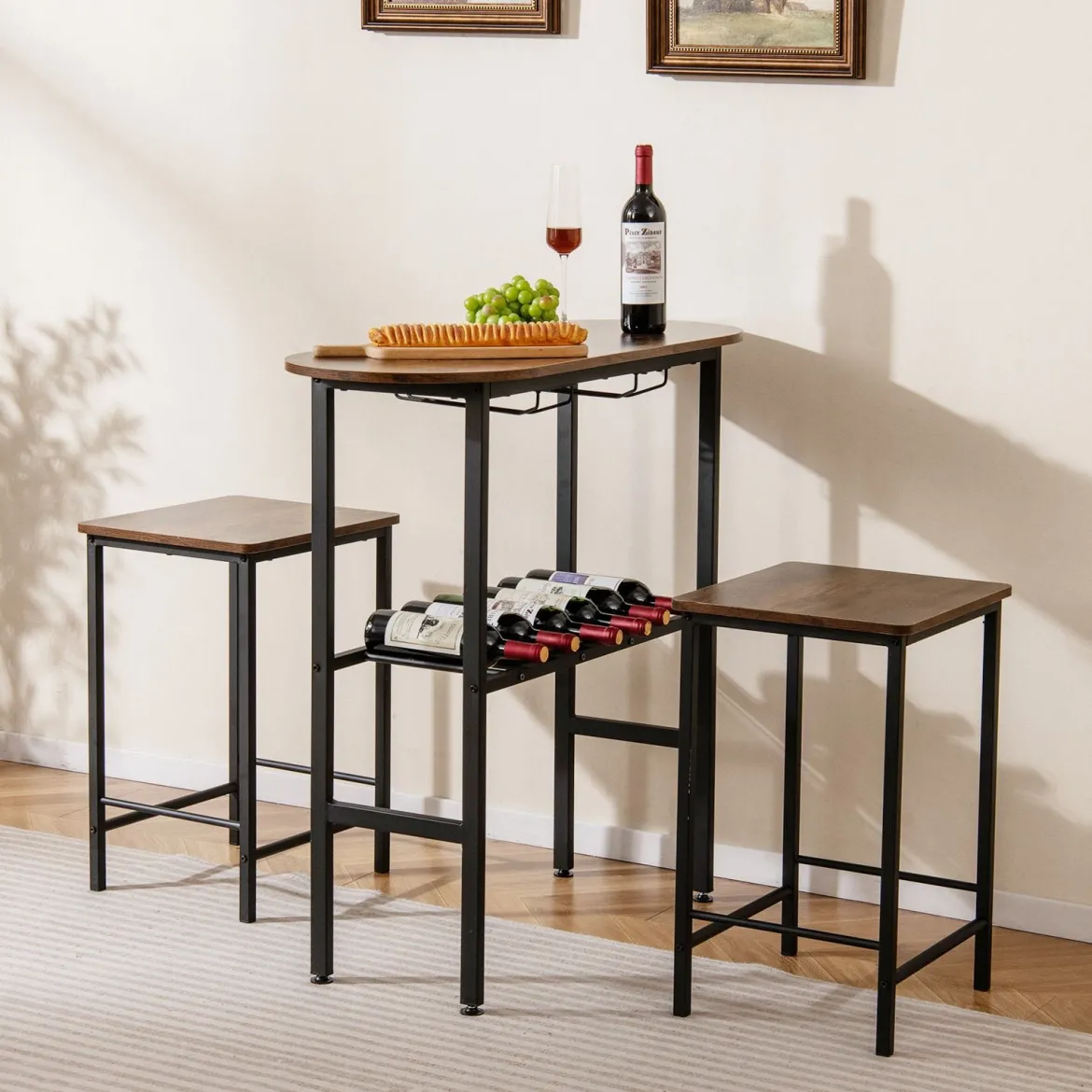 Bartisch mit Barhocker Set 2 Personen Bartisch Set mit Halterungen für Weingläser und Flaschen Vintage