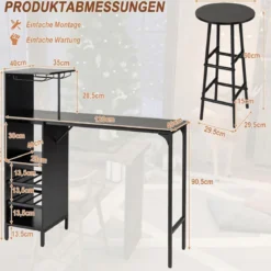 Bartisch mit Barhocker Set 2 Personen Bartisch Set mit Seitenreghal Wein Halterungen Schwarz