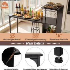 Bartisch mit Barhocker Set 2 Personen Bartisch Set mit Seitenreghal Wein Halterungen Schwarz