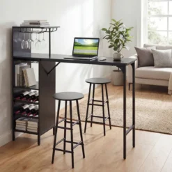 Bartisch mit Barhocker Set 2 Personen Bartisch Set mit Seitenreghal Wein Halterungen Schwarz