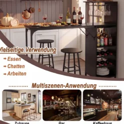 Bartisch mit Barhocker Set 2 Personen Bartisch Set mit Seitenreghal Wein Halterungen Schwarz