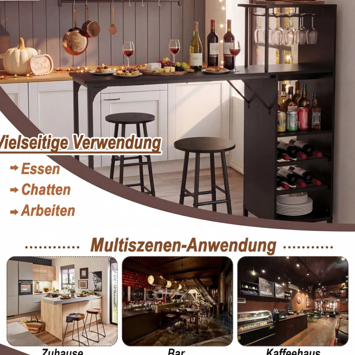 Bartisch mit Barhocker Set 2 Personen Bartisch Set mit Seitenreghal Wein Halterungen Schwarz