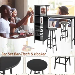 Bartisch mit Barhocker Set 2 Personen Bartisch Set mit Seitenreghal Wein Halterungen Schwarz