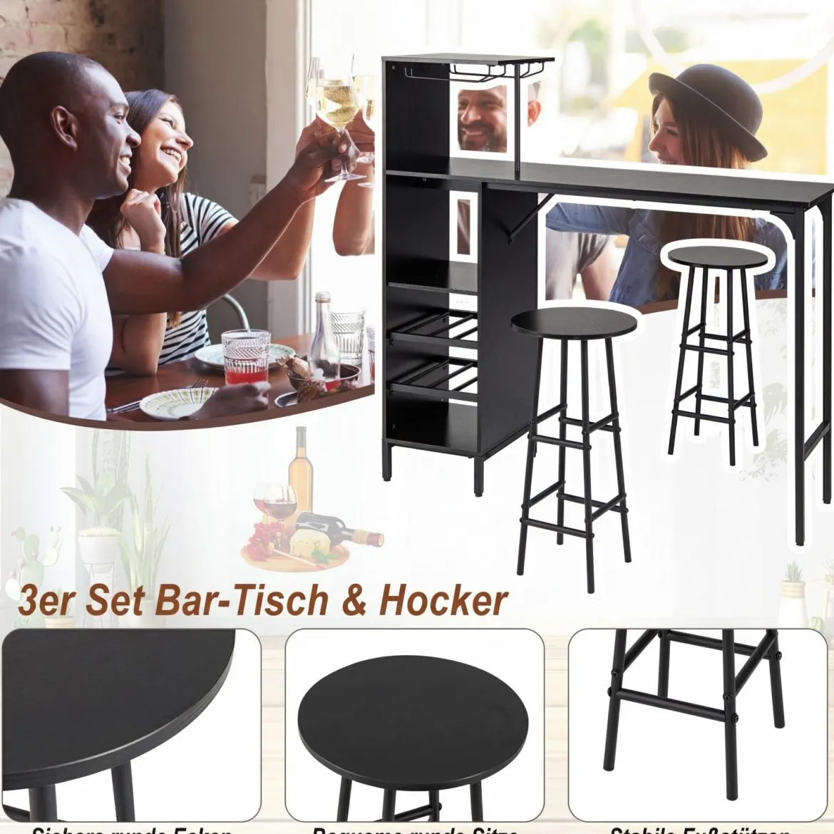 Bartisch mit Barhocker Set 2 Personen Bartisch Set mit Seitenreghal Wein Halterungen Schwarz