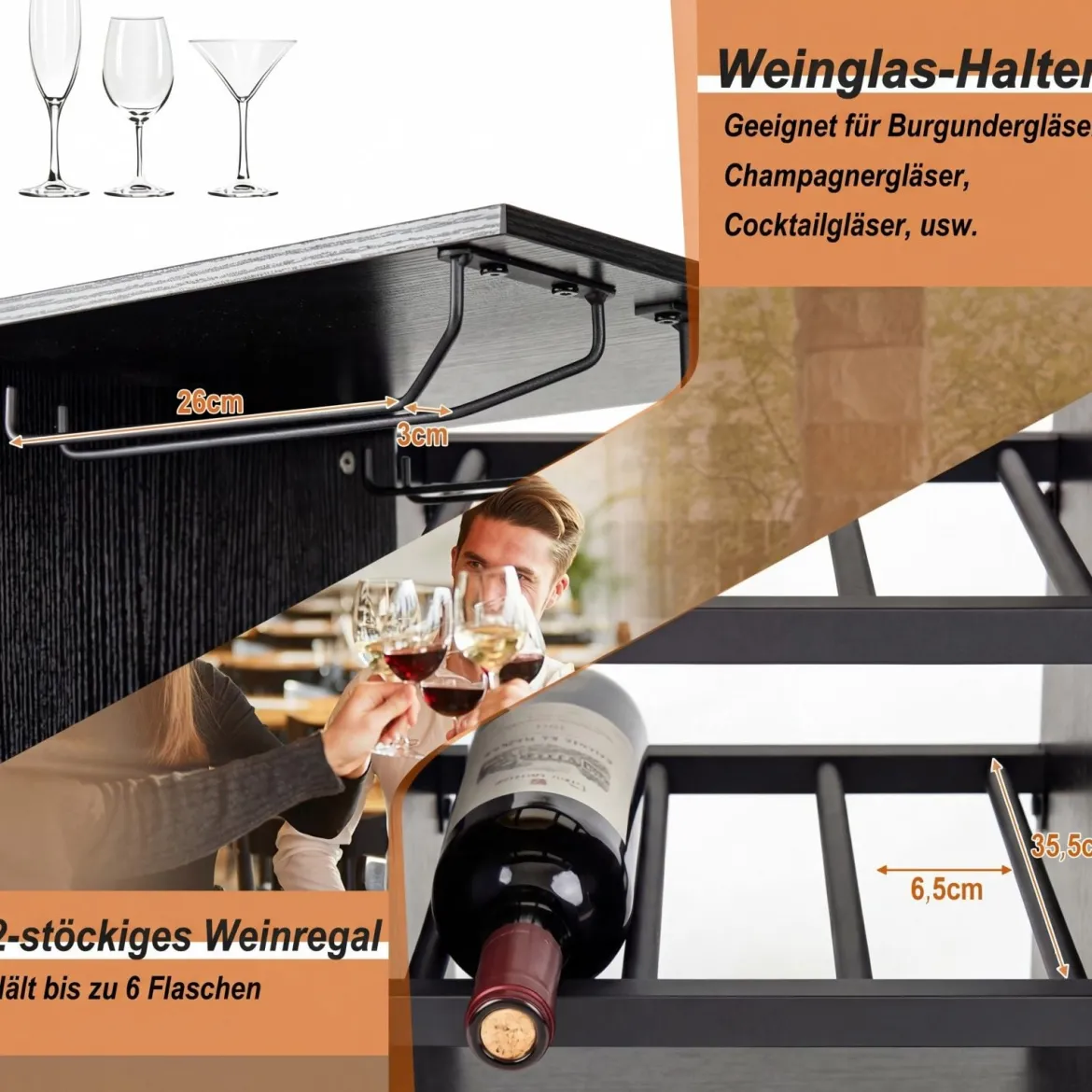 Bartisch mit Barhocker Set 2 Personen Bartisch Set mit Seitenreghal Wein Halterungen Schwarz