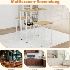 Bartisch mit Barhocker Set 2 Personen Bartisch Set mit Halterungen für Weingläser und Flaschen Natur