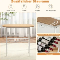 Bartisch mit Barhocker Set 2 Personen Bartisch Set mit Halterungen für Weingläser und Flaschen Natur