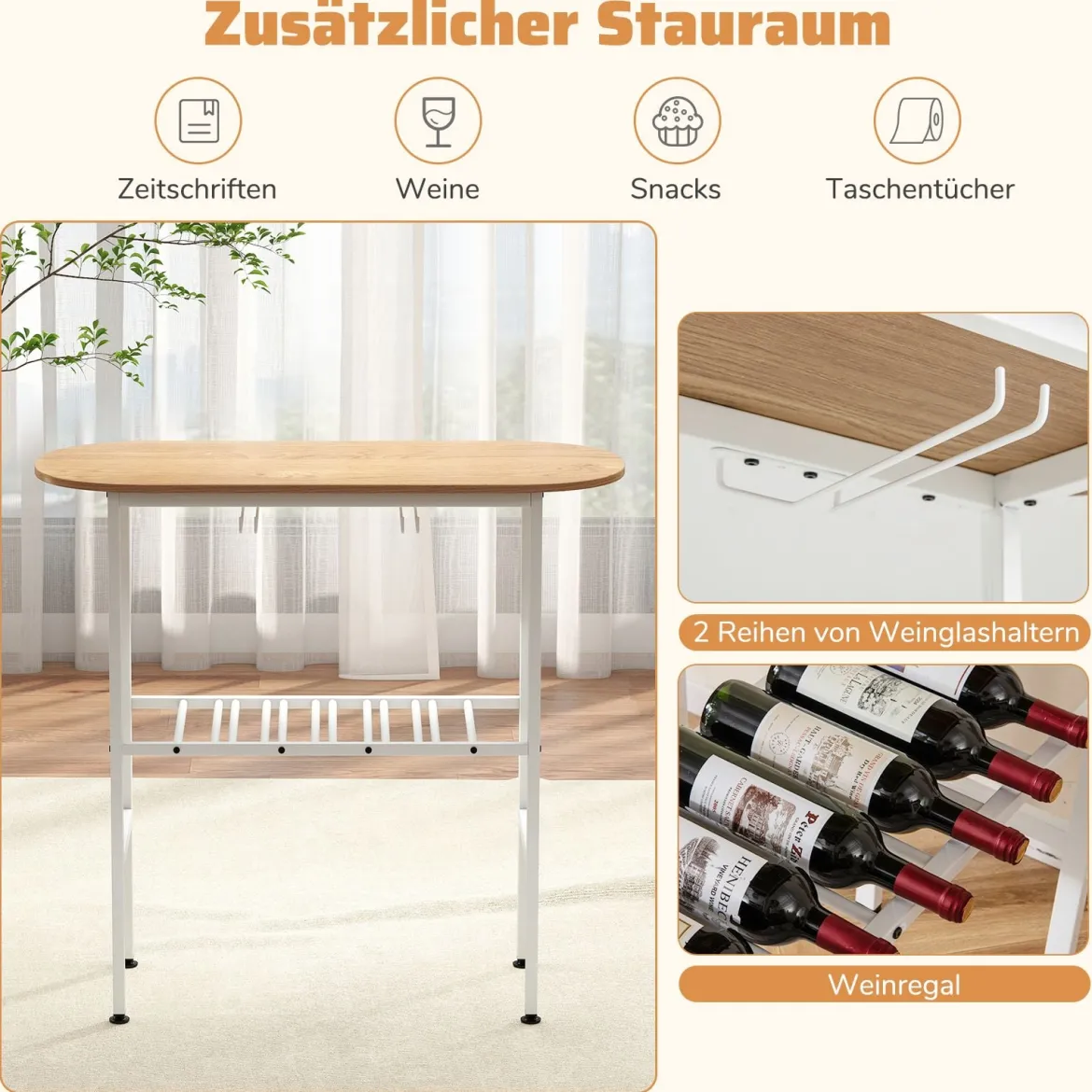 Bartisch mit Barhocker Set 2 Personen Bartisch Set mit Halterungen für Weingläser und Flaschen Natur