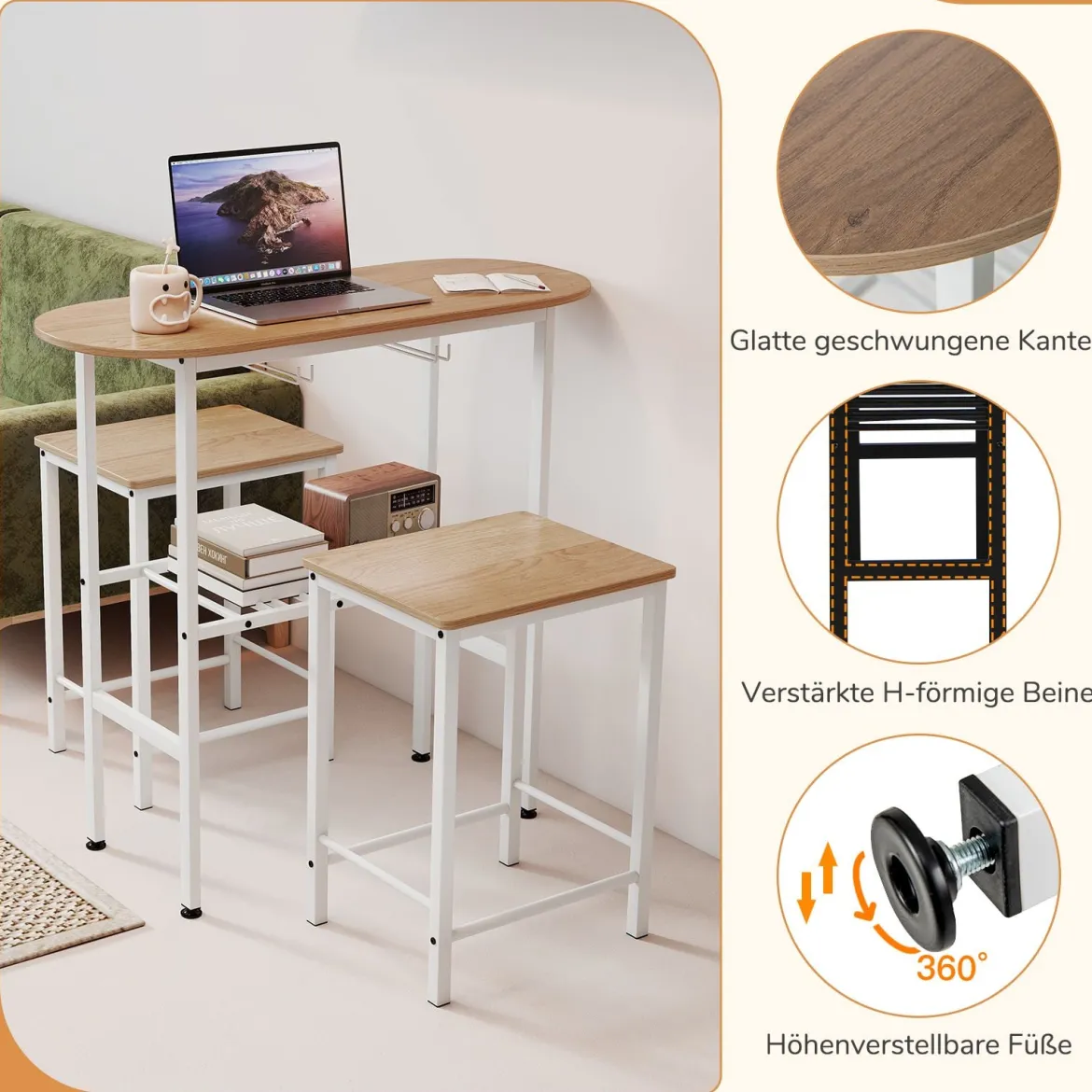 Bartisch mit Barhocker Set 2 Personen Bartisch Set mit Halterungen für Weingläser und Flaschen Natur