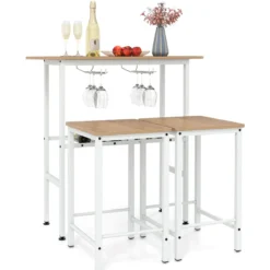 Bartisch mit Barhocker Set 2 Personen Bartisch Set mit Halterungen für Weingläser und Flaschen Natur