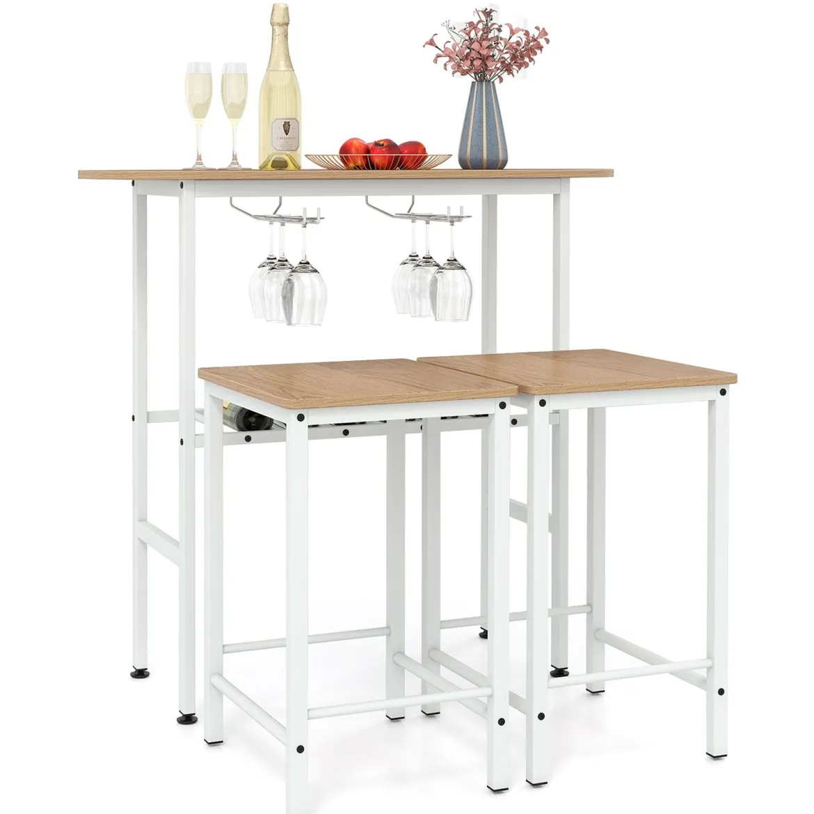Bartisch mit Barhocker Set 2 Personen Bartisch Set mit Halterungen für Weingläser und Flaschen Natur