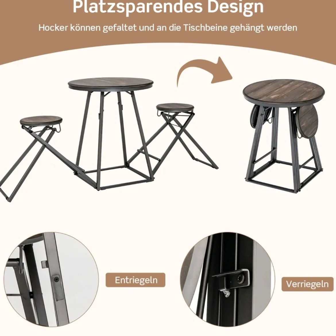 Bartisch mit Barhocker Set 2 Personen Bartisch Set klappbar 206,5 x 77,5 x 90 cm Rustikalbraun
