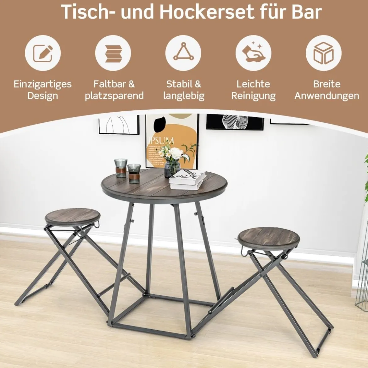 Bartisch mit Barhocker Set 2 Personen Bartisch Set klappbar 206,5 x 77,5 x 90 cm Rustikalbraun