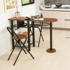 Bartisch mit 2 Klappbaren Barhockern & Regalen 2 Personen Küchentheke mit Regalen Braun