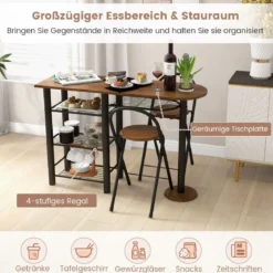 Bartisch mit 2 Klappbaren Barhockern & Regalen 2 Personen Küchentheke mit Regalen Braun