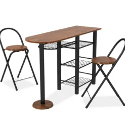 Bartisch mit 2 Klappbaren Barhockern & Regalen 2 Personen Küchentheke mit Regalen Braun