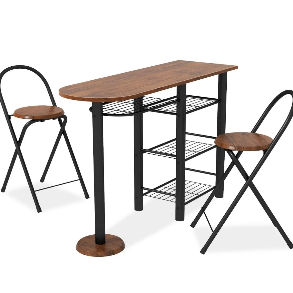 Bartisch mit 2 Klappbaren Barhockern & Regalen 2 Personen Küchentheke mit Regalen Braun
