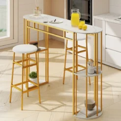 Bartisch mit Stauraum Stehtisch in Marmor-Optik Moderne Küchentheke mit 4 Halbrunde Regale Weiß