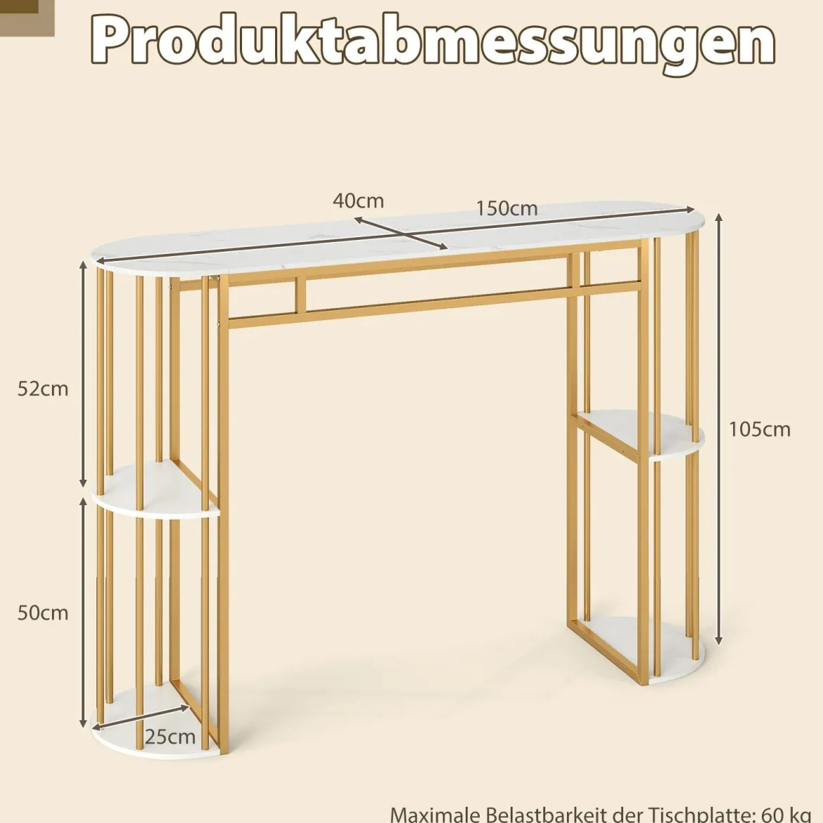 Bartisch mit Stauraum Stehtisch in Marmor-Optik Moderne Küchentheke mit 4 Halbrunde Regale Weiß